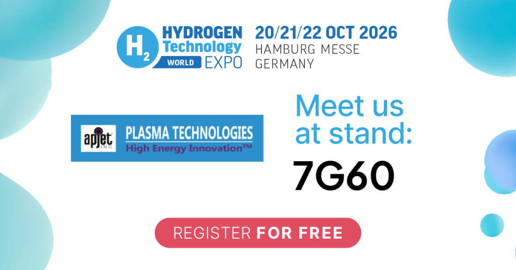 Hydrogen Technology World Expo banner with dates Oct 20–22, 2026 in Hamburg; stand 7G60 and Plasma Technologies logo. Register for Free CTA nearby.